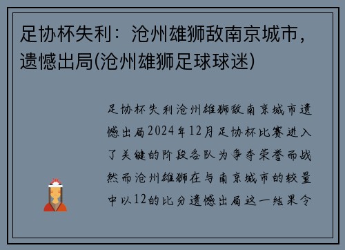 足协杯失利：沧州雄狮敌南京城市，遗憾出局(沧州雄狮足球球迷)