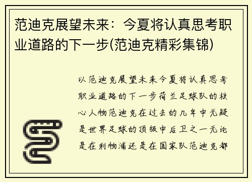 范迪克展望未来：今夏将认真思考职业道路的下一步(范迪克精彩集锦)