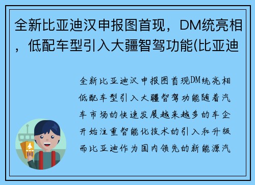 全新比亚迪汉申报图首现，DM统亮相，低配车型引入大疆智驾功能(比亚迪汉2022全新)